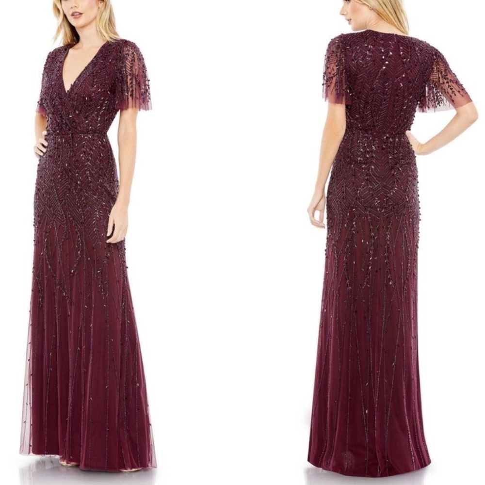 Mac Duggal Wrap Effect Surplice Bodice Leafy Embellished Flutter Sleeves Gown